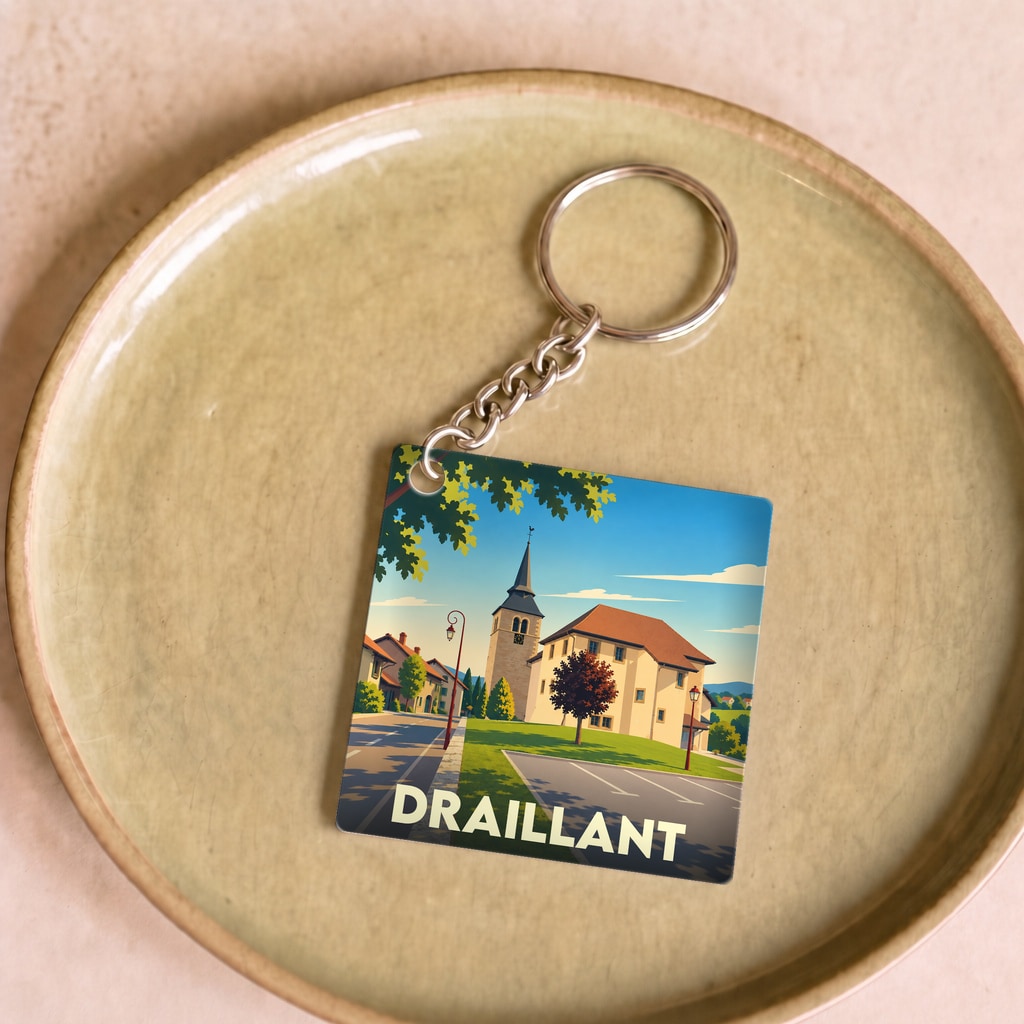Porte-clés souvenir de la ville de Draillant avec une illustration stylisée de son église.