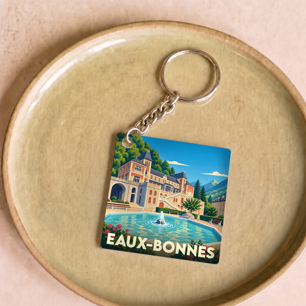 Porte-clés souvenir de la ville de Eaux-Bonnes avec une illustration stylisée d'un palais et de sa fontaine.