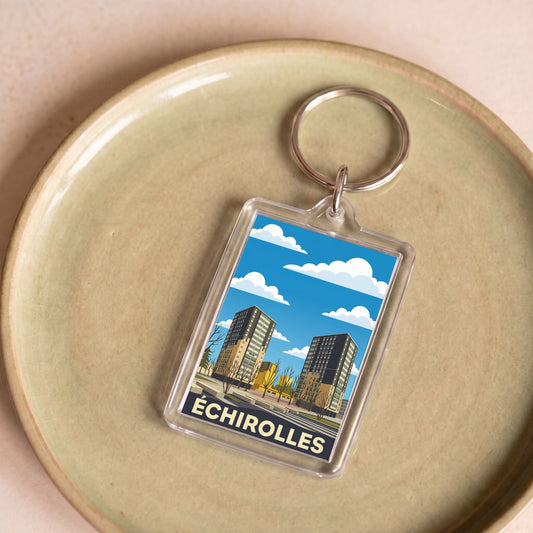Porte-clés souvenir de la ville d'Échirolles avec une illustration stylisée.