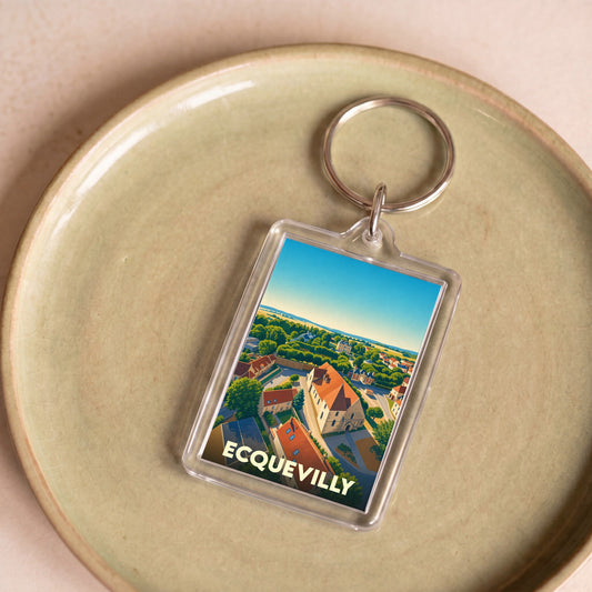 Porte-clés souvenir de la ville de Ecquevilly avec une illustration stylisée.