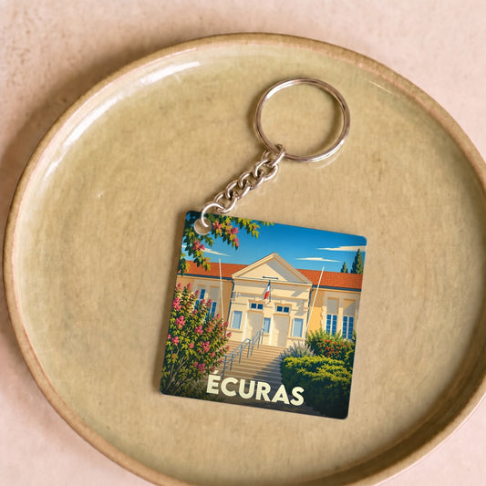 Porte-clés souvenir de la ville d'Écuras avec une illustration stylisée de sa mairie.