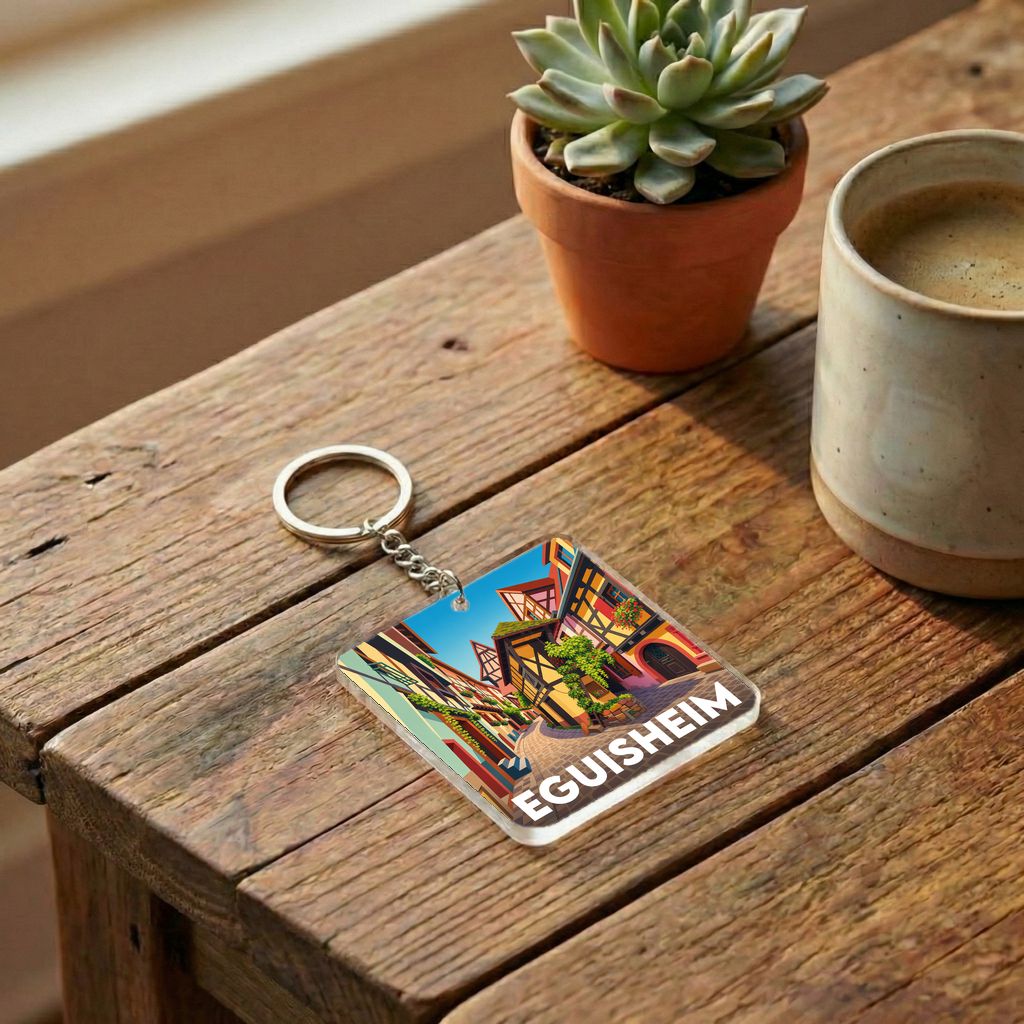 Porte-clés souvenir de la ville d'Eguisheim avec une illustration stylisée.