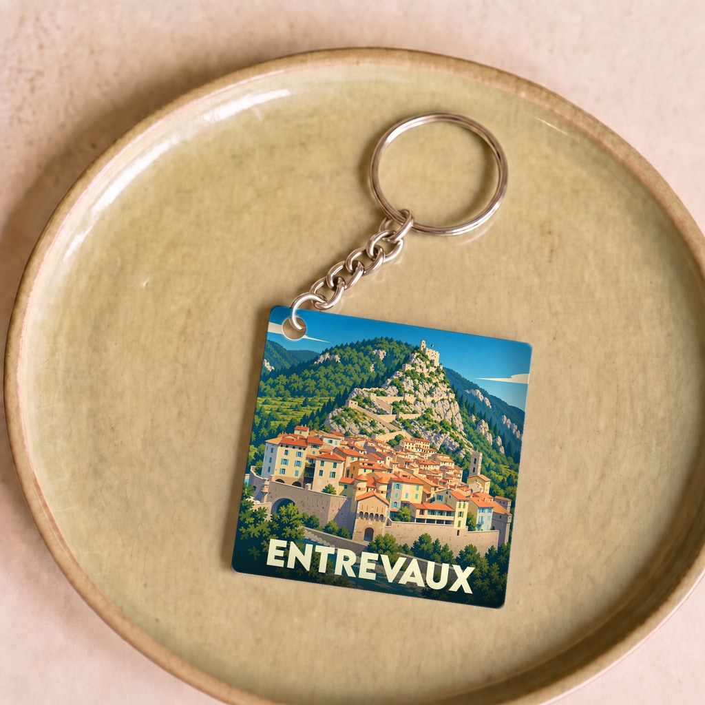 Porte-clés souvenir de la ville d'Entrevaux avec une illustration stylisée du village et de sa citadelle.
