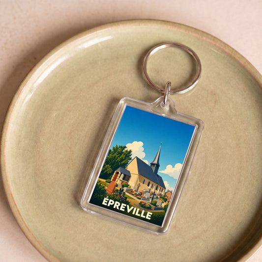 Porte-clés souvenir de la ville d'Épreville avec une illustration stylisée de son église.