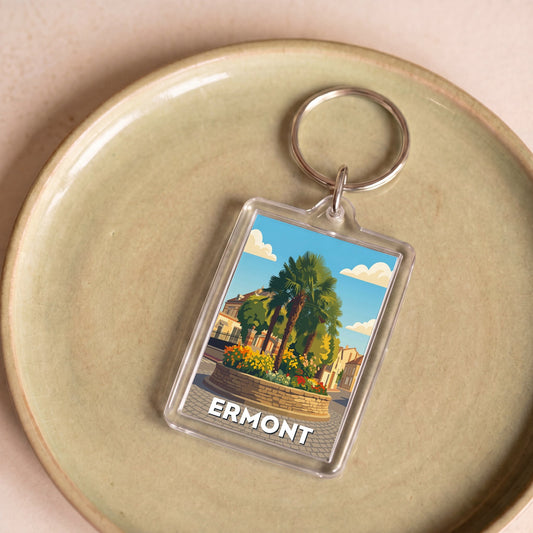 Porte-clés souvenir de la ville d'Ermont avec une illustration stylisée.