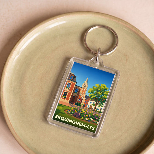 Porte-clés souvenir de la ville d'Erquinghem-Lys avec une illustration stylisée de son architecture et de ses jardins.