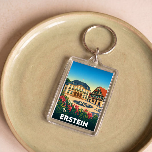 Porte-clés souvenir de la ville d'Erstein avec une illustration stylisée.