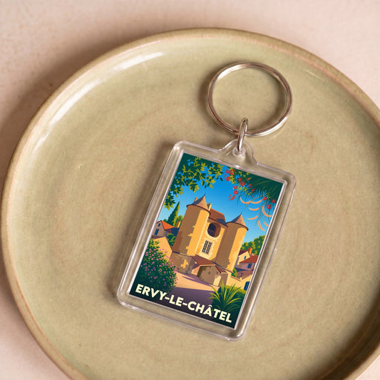 Porte-clés souvenir de la ville d'Ervy-le-Châtel avec une illustration stylisée de sa porte médiévale.