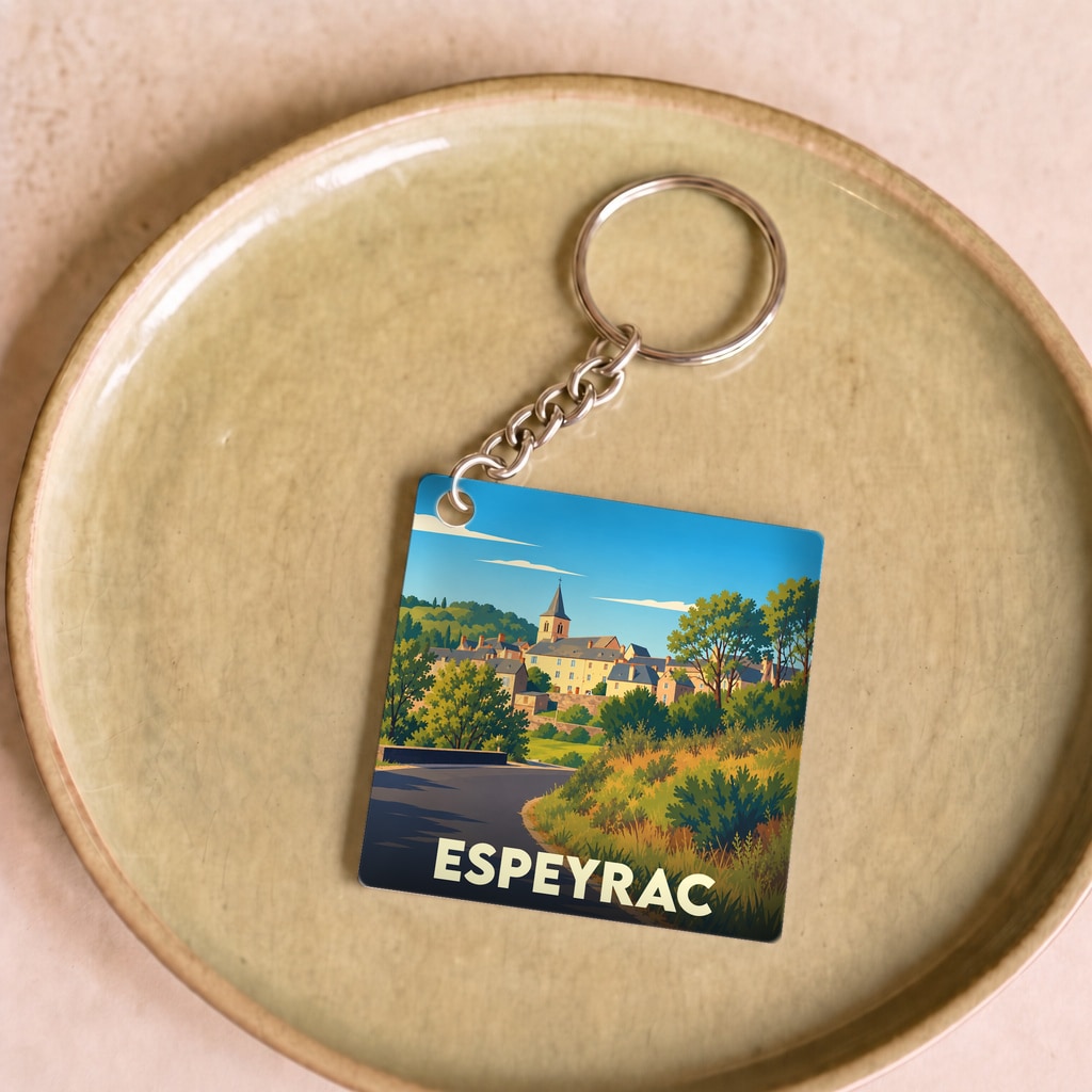 Porte-clés souvenir de la ville d'Espeyrac avec une illustration stylisée d'un paysage de village.