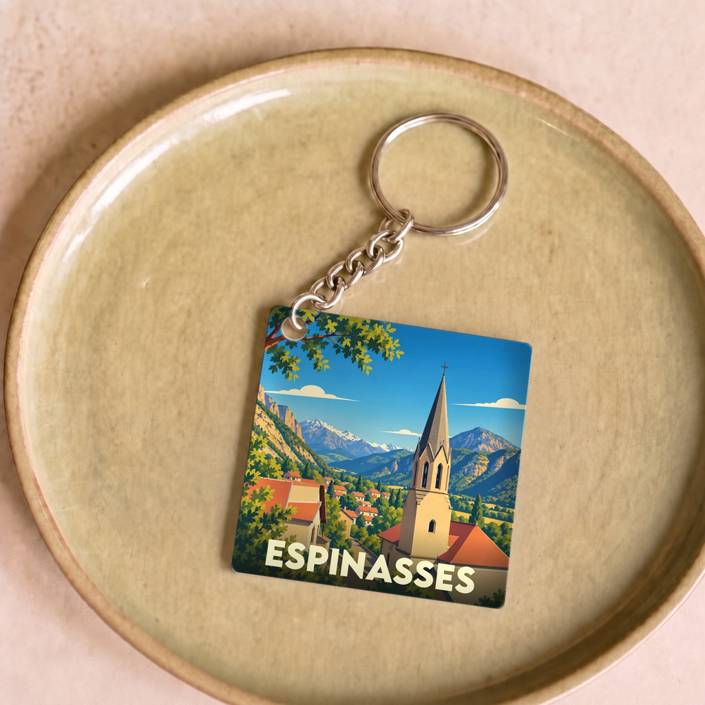 Porte-clés souvenir de la ville d'Espinasses avec une illustration stylisée de son clocher et des montagnes environnantes.