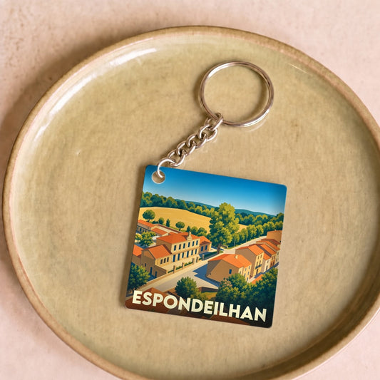 Porte-clés souvenir de la ville d'Espondeilhan avec une illustration stylisée d'un paysage de village ensoleillé.