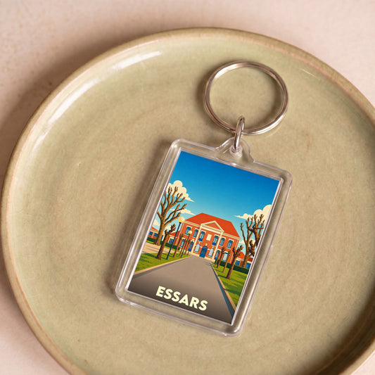 Porte-clés souvenir de la ville d'Essars avec une illustration stylisée de sa mairie.