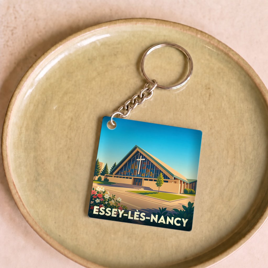 Porte-clés souvenir de la ville d'Essey-lès-Nancy avec une illustration stylisée d'une église moderne.