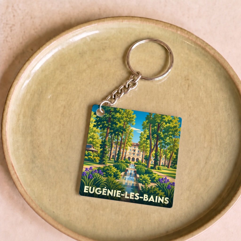 Porte-clés souvenir de la ville d'Eugénie-les-Bains avec une illustration stylisée de son parc thermal.