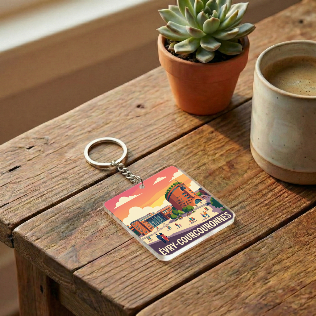 Porte-clés souvenir de la ville d'Évry-Courcouronnes avec une illustration colorée et stylisée.