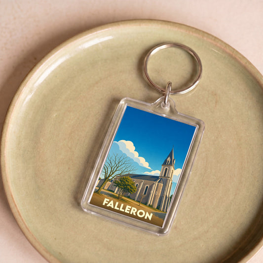 Porte-clés souvenir de la ville de Falleron avec une illustration stylisée de son église.