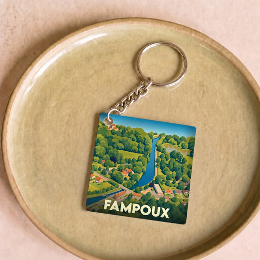 Porte-clés souvenir de la ville de Fampoux avec une illustration stylisée et colorée.