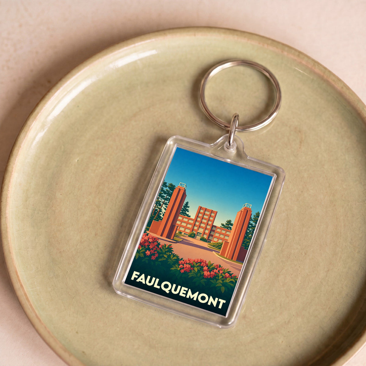 Porte-clés souvenir de la ville de Faulquemont avec une illustration stylisée.