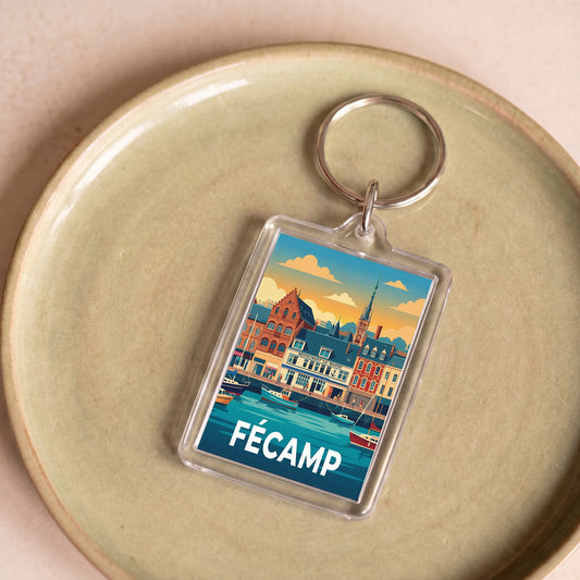 Porte-clés souvenir de la ville de Fécamp avec une illustration stylisée et colorée.