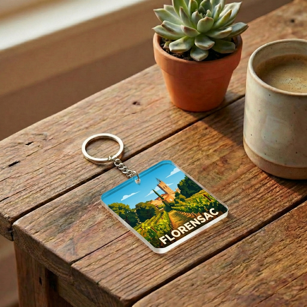 Porte-clés souvenir de la ville de Florensac avec une illustration stylisée.