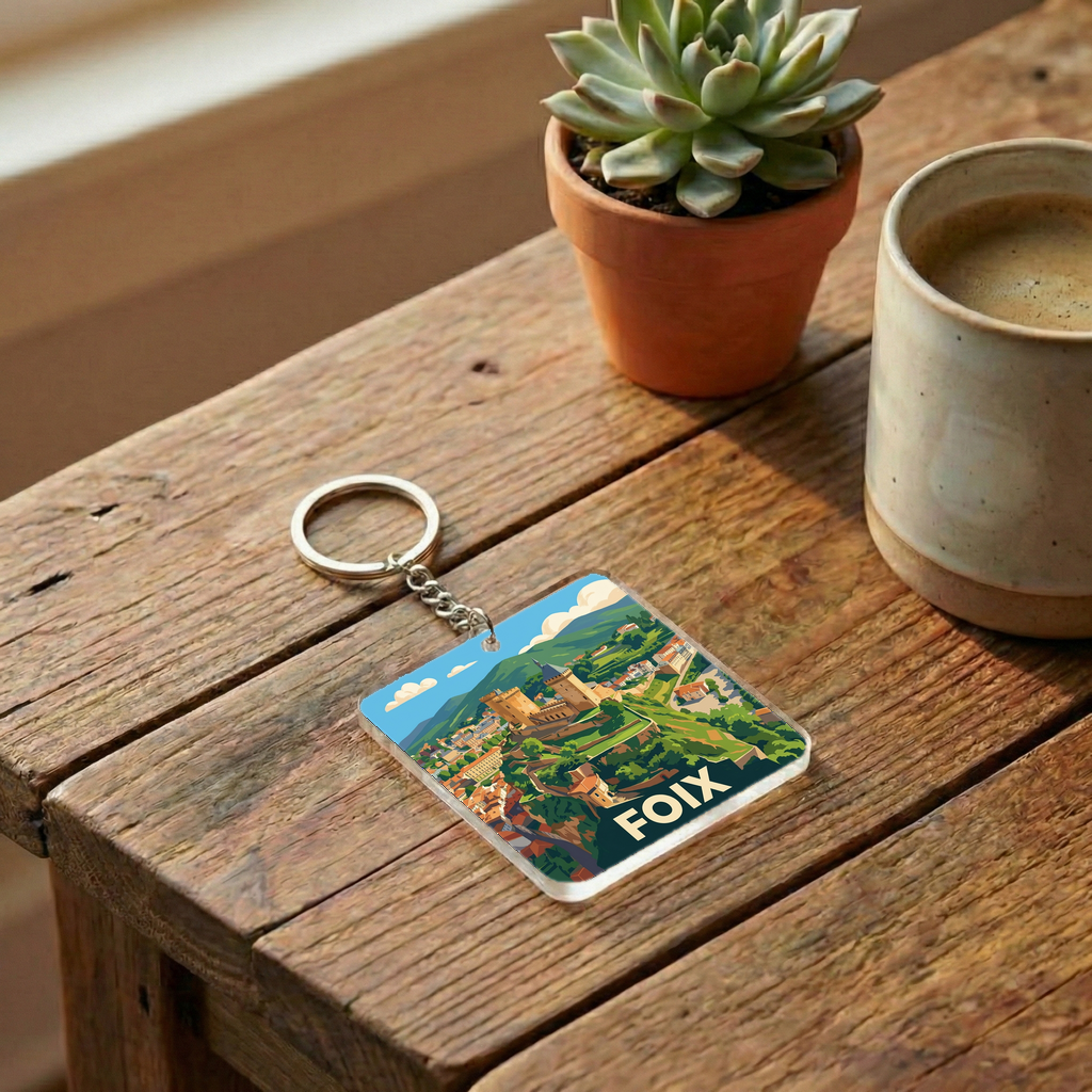 Porte-clés souvenir de la ville de Foix avec une illustration stylisée.