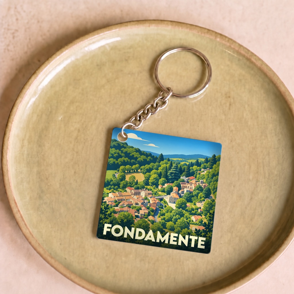 Porte-clés souvenir de la ville de Fondamente avec une illustration stylisée de son paysage vallonné.