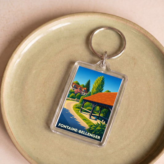 Porte-clés souvenir de la ville de Fontaine-Bellenger avec une illustration stylisée.