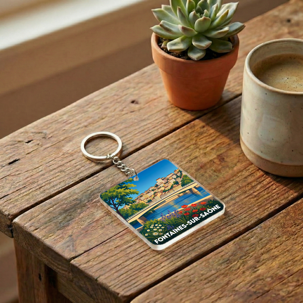 Porte-clés souvenir de la ville de Fontaines-sur-Saône avec une illustration stylisée.