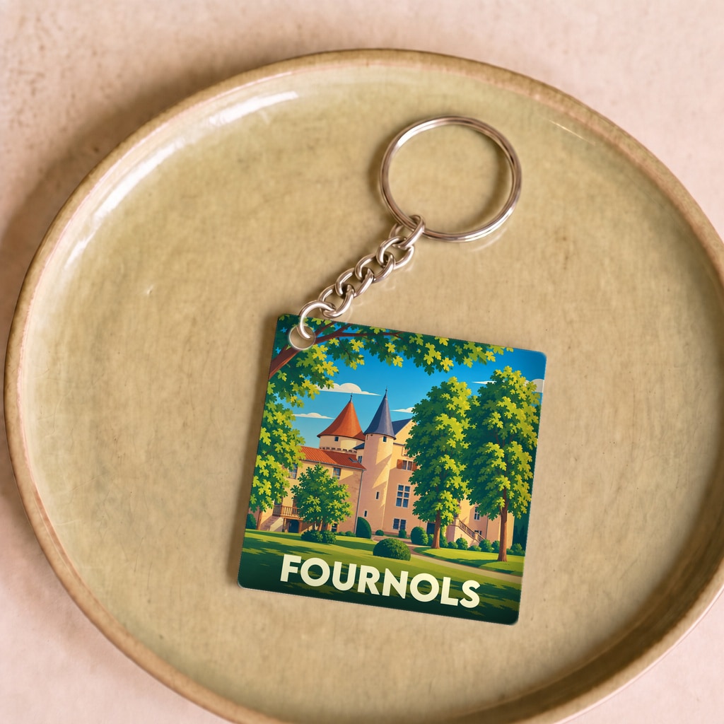 Porte-clés souvenir de la ville de Fournols avec une illustration stylisée de son château.