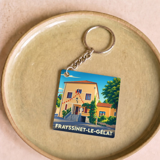 Porte-clés souvenir de la ville de Frayssinet-le-Gélat avec une illustration stylisée de sa mairie.