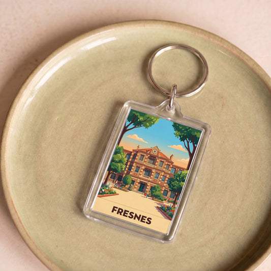 Porte-clés souvenir de la ville de Fresnes avec une illustration stylisée d'un bâtiment.
