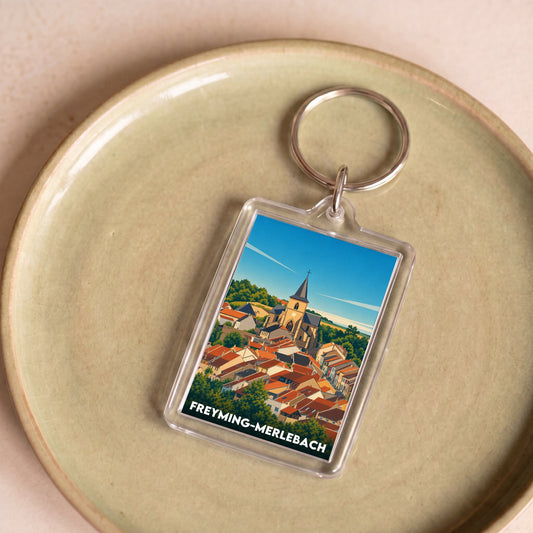 Porte-clés souvenir de la ville de Freyming-Merlebach avec une illustration stylisée.