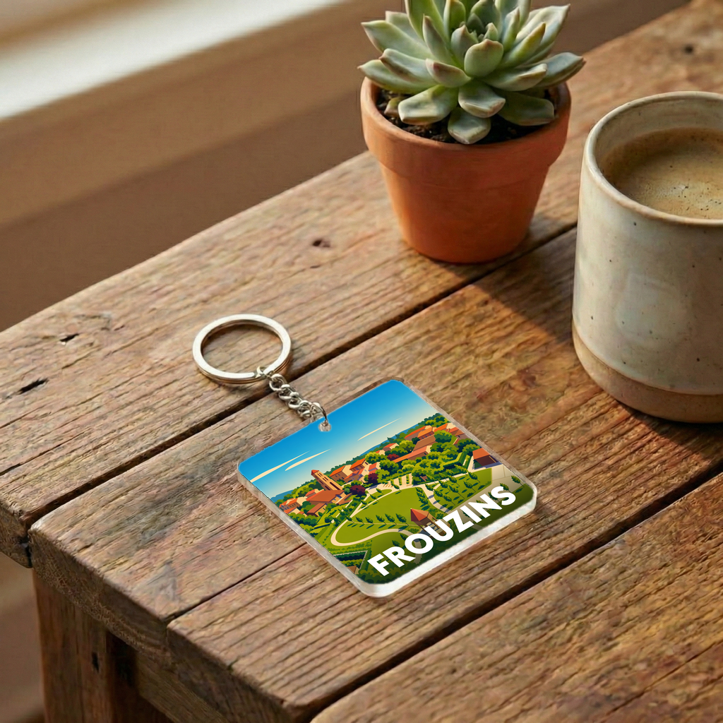 Porte-clés souvenir de la ville de Frouzins avec une illustration stylisée.