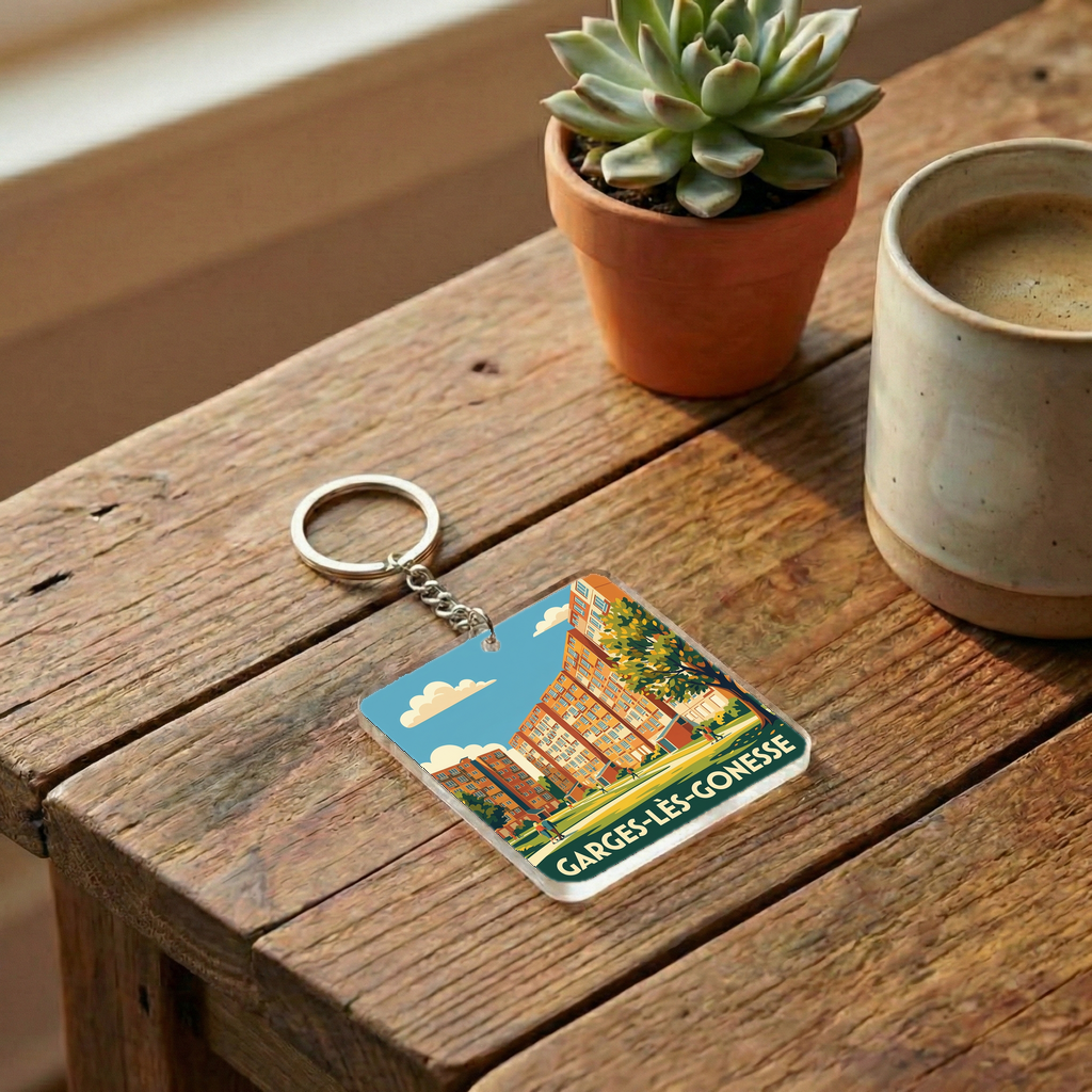 Porte-clés souvenir de la ville de Garges-lès-Gonesse avec une illustration stylisée.