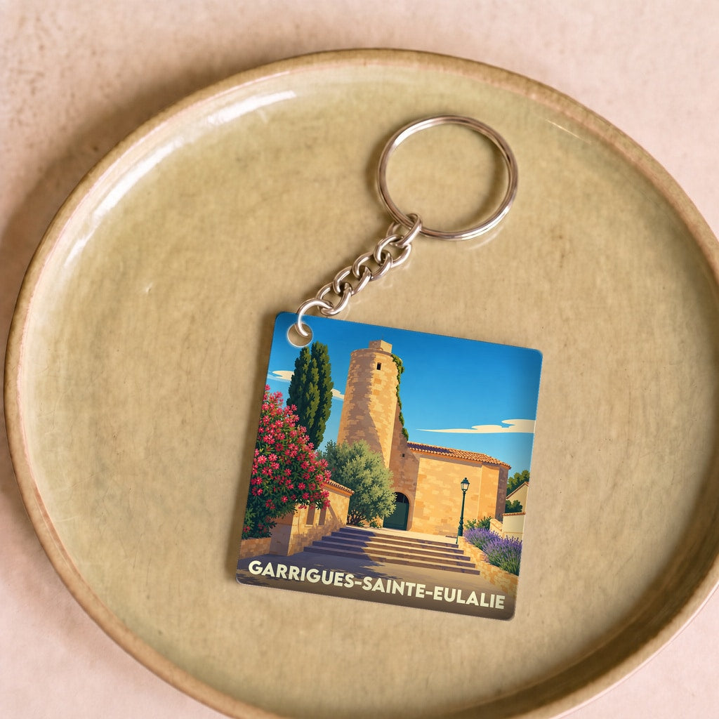 Porte-clés souvenir de la ville de Garrigues-Sainte-Eulalie avec une illustration stylisée.