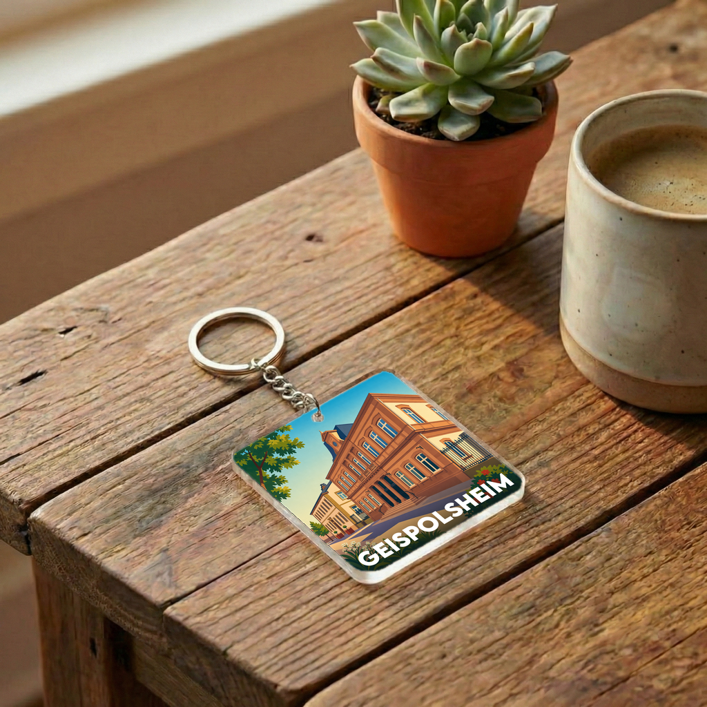 Porte-clés souvenir de la ville de Geispolsheim avec une illustration stylisée.