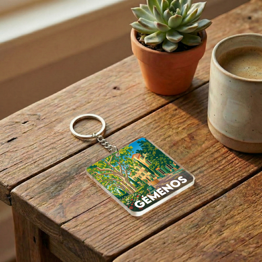 Porte-clés souvenir de la ville de Gémenos avec une illustration stylisée.