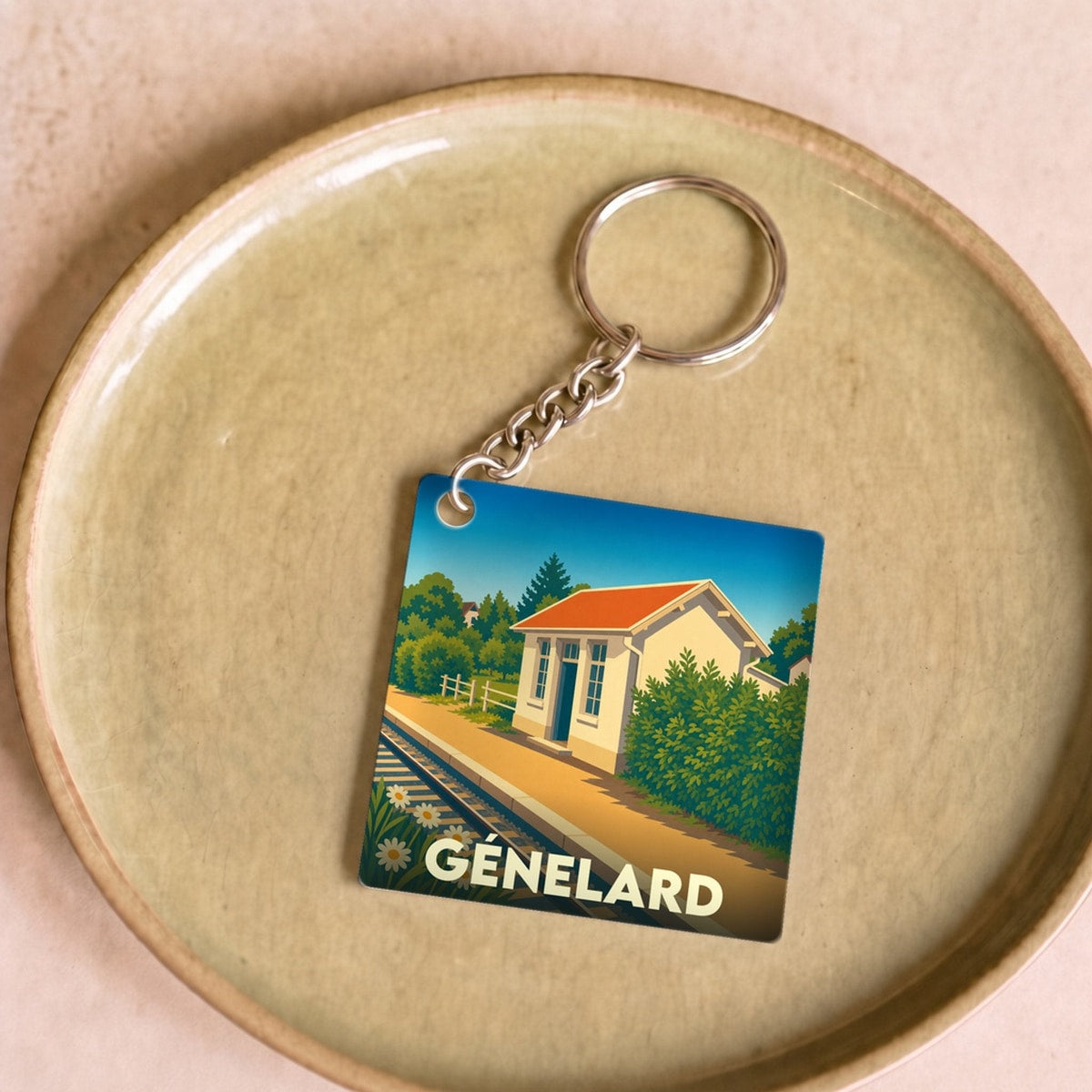 Porte-clés souvenir de la ville de Génelard illustrant une gare stylisée sous un ciel bleu.