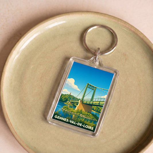 Porte-clés souvenir de la ville de Gennes-Val-de-Loire avec une illustration stylisée d'un pont suspendu.
