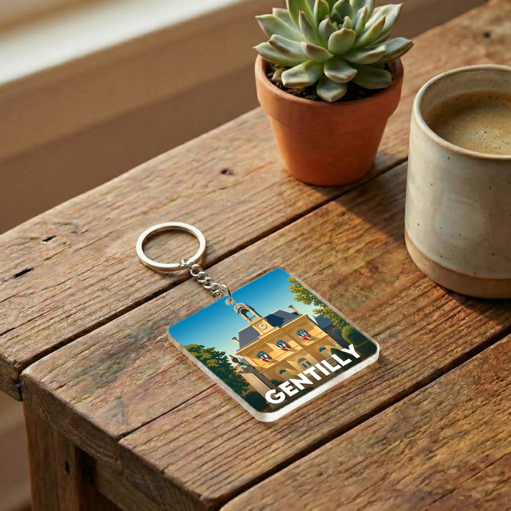 Porte-clés souvenir de la ville de Gentilly avec une illustration stylisée.