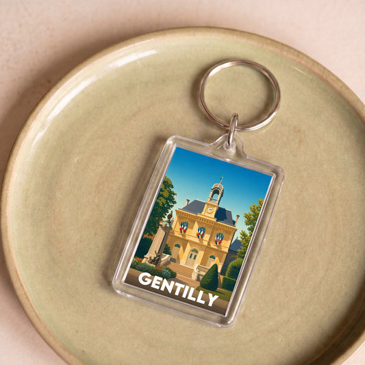 Porte-clés souvenir de la ville de Gentilly avec une illustration stylisée.