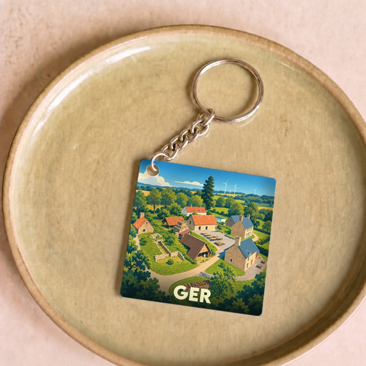 Porte-clés souvenir de la ville de Ger avec une illustration stylisée d'un village normand.