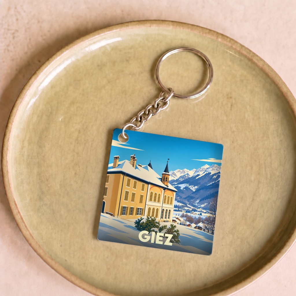 Porte-clés souvenir de la ville de Giez avec une illustration stylisée d'un paysage montagneux enneigé.
