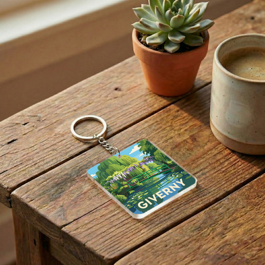 Porte-clés souvenir de la ville de Giverny avec une illustration stylisée de ses célèbres jardins.