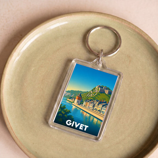Porte-clés souvenir de la ville de Givet avec une illustration stylisée.