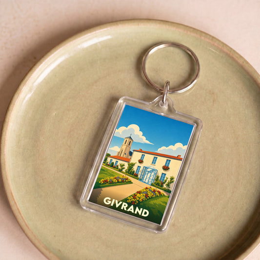 Porte-clés souvenir de la ville de Givrand avec une illustration stylisée.