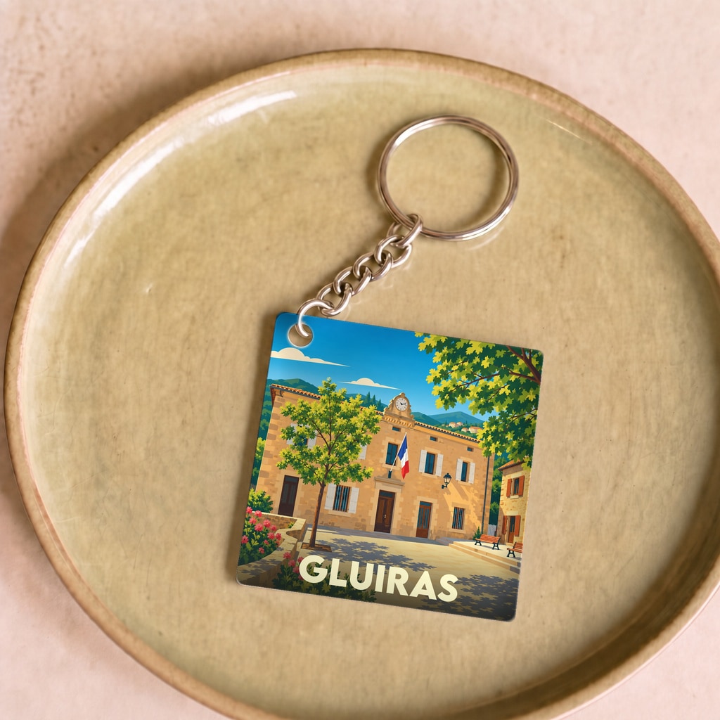 Porte-clés souvenir de la ville de Gluiras avec une illustration stylisée de sa mairie.