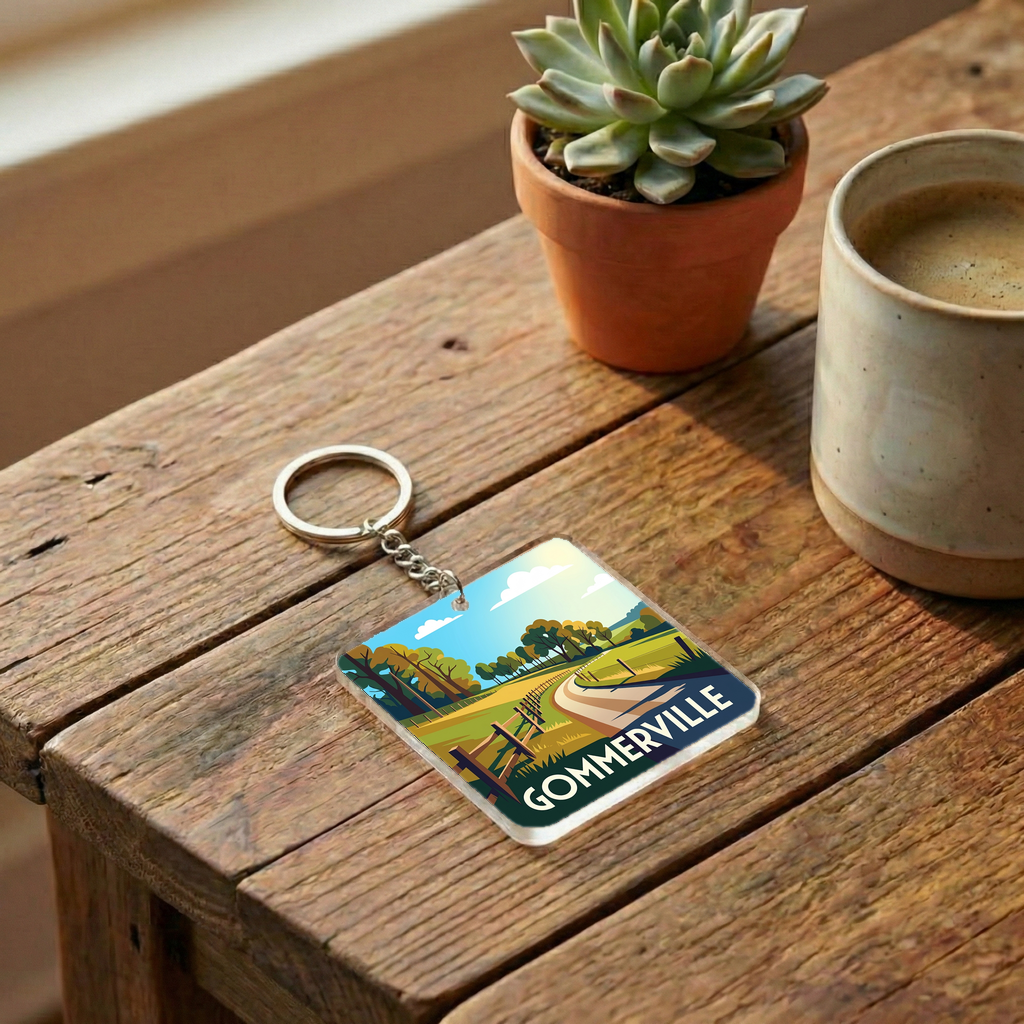 Porte-clés souvenir de la ville de Gommerville avec une illustration stylisée d'un paysage champêtre.