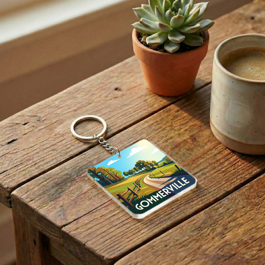 Porte-clés souvenir de la ville de Gommerville avec une illustration stylisée d'un paysage champêtre.