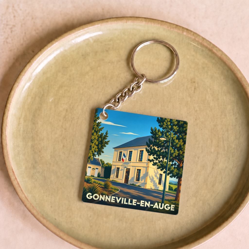 Porte-clés souvenir de la ville de Gonneville-en-Auge avec une illustration stylisée de sa mairie.